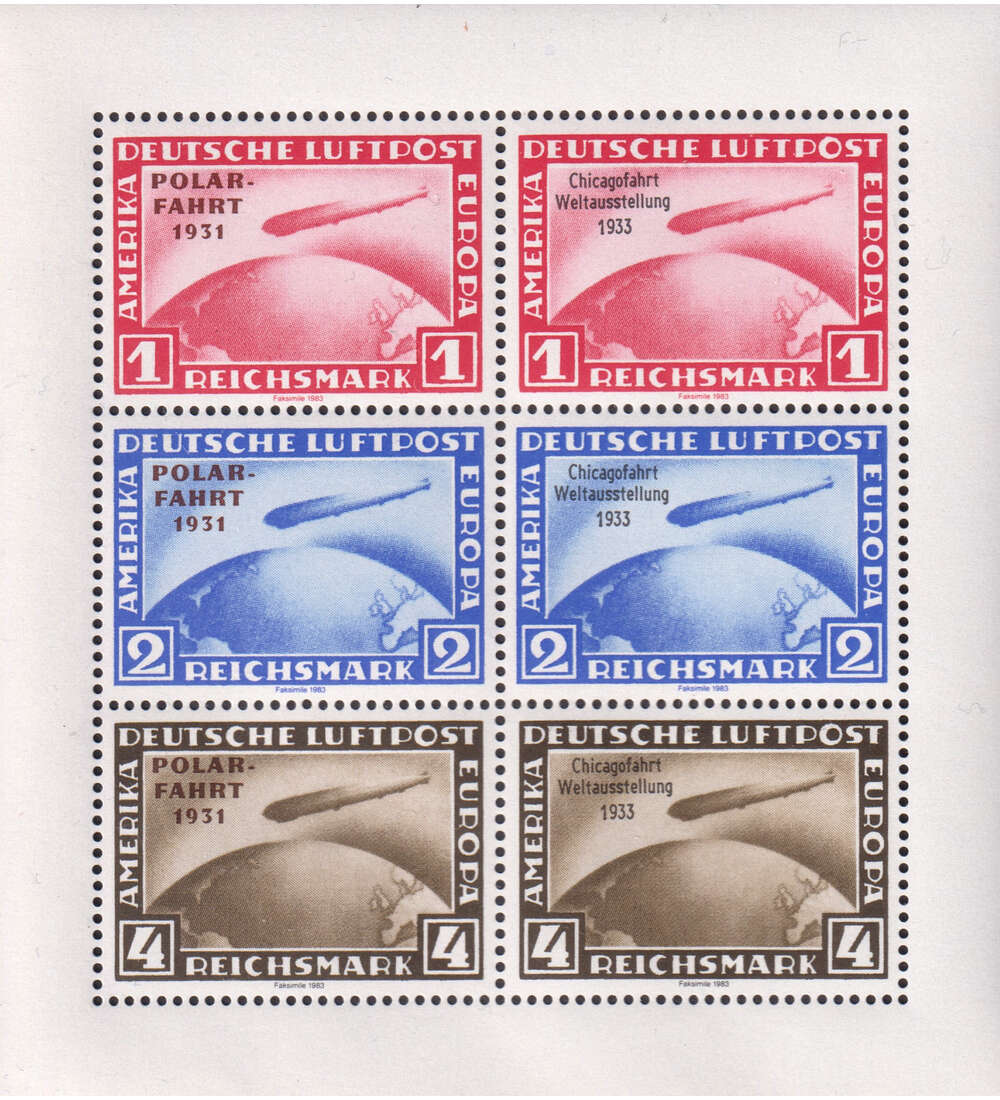 Deutsches Reich Zeppeline Neudruck-Kleinbogen postfrisch Polarfahrt u. Chicagofahrt