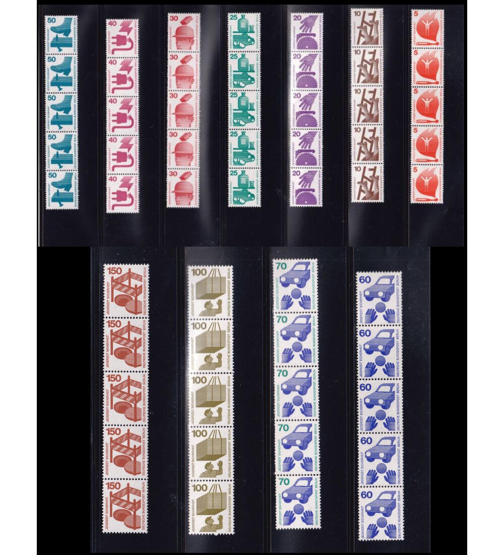 Berlin Unfallverh�tung Nr. 402-411 + 453 5er-Streifen postfrisch schwarze Z�hlnummer