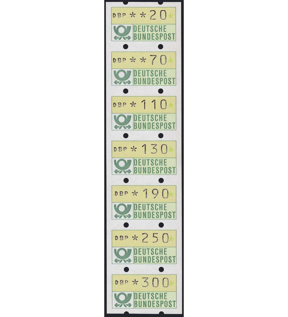 BRD ATM Nr. 1 postfrisch ** 7er-Streifen mit den Wertstufen 20-300 Pfennig