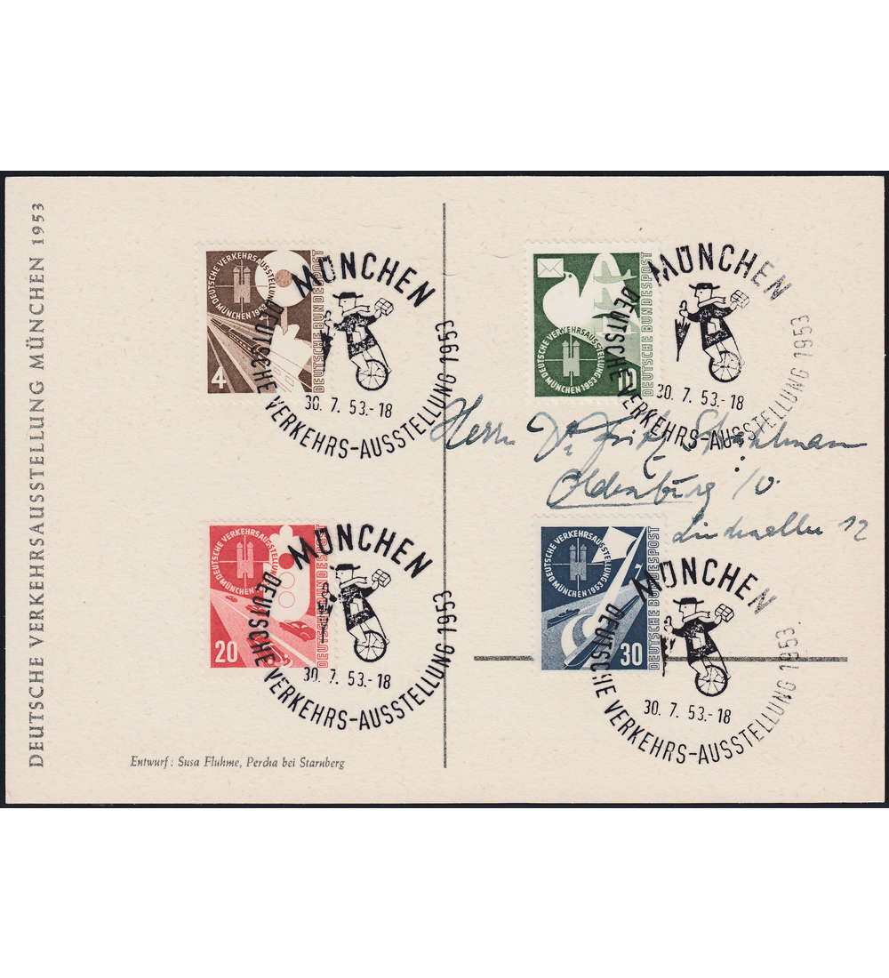 BRD Bund Nr. 167-170 auf Karte mit Sonderstempeln Verkehrsausstellung 1953