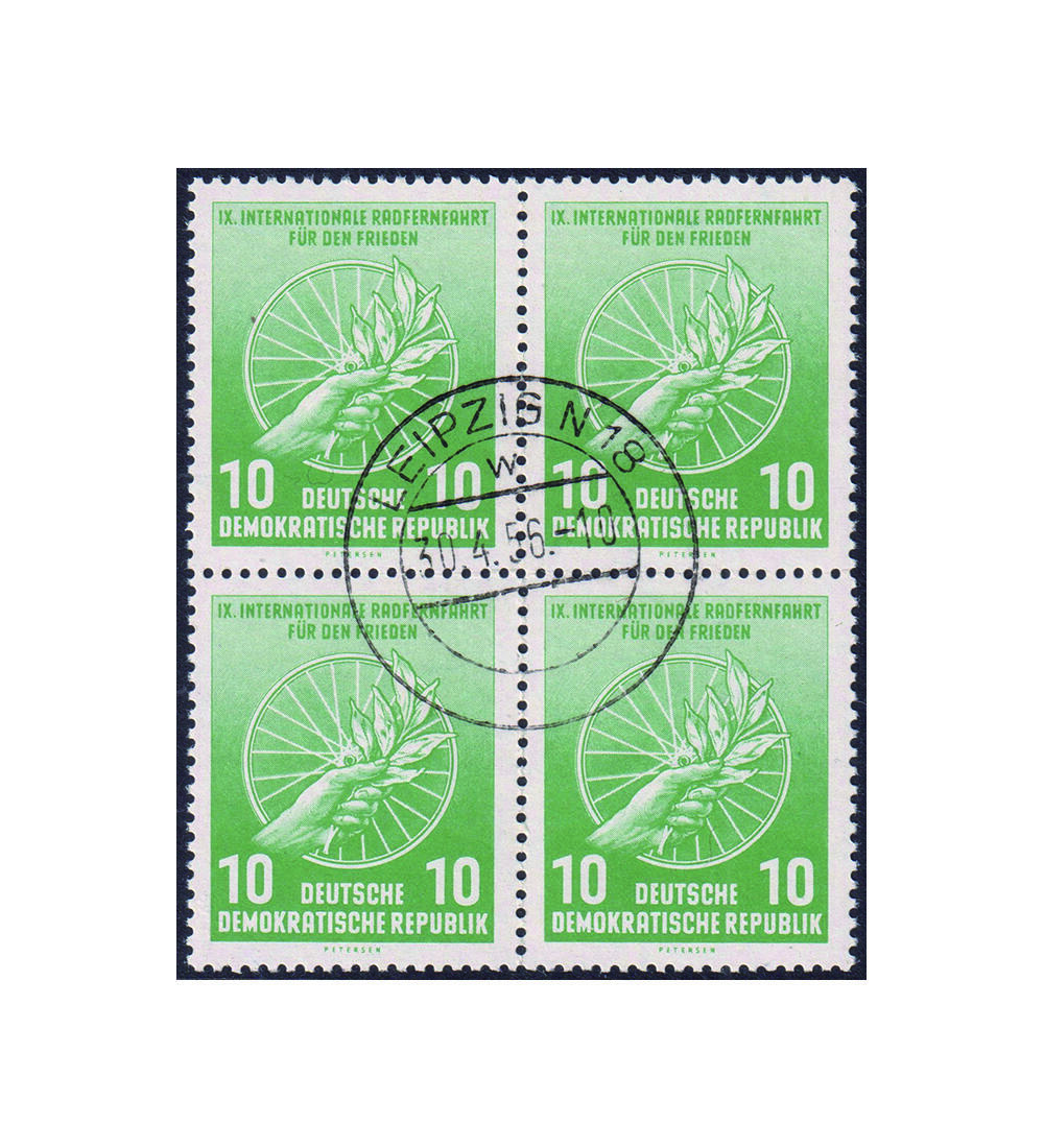 DDR Farbabart gestempelt Nr. 521 b 4er-Block typgepr�ft und signiert Radfahrer 1956