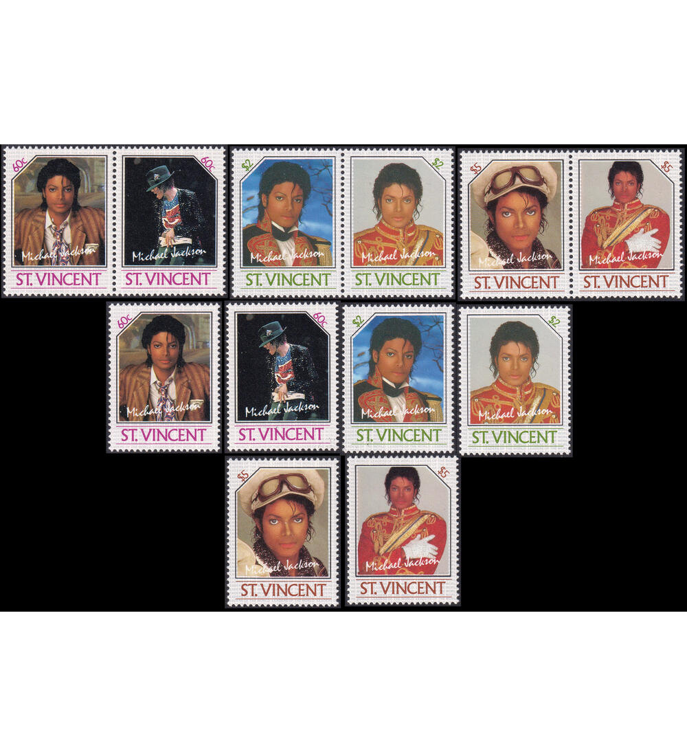 Michael Jackson postfrisch 6 Marken + 3 Zusammendrucke von St. Vincent