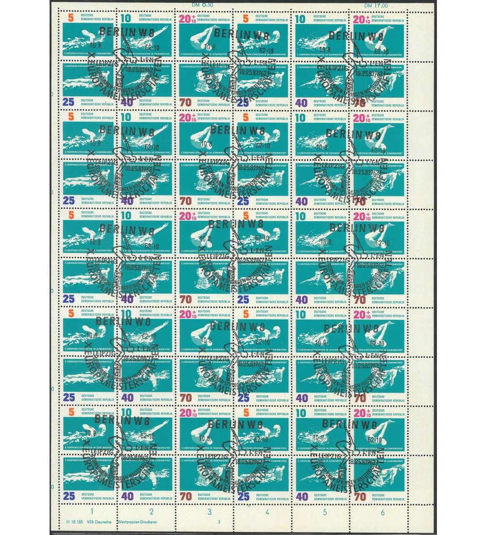 DDR ZD-Bogen Nr. 907-912 Schwimm EM Leipzig 1962 gestempelt