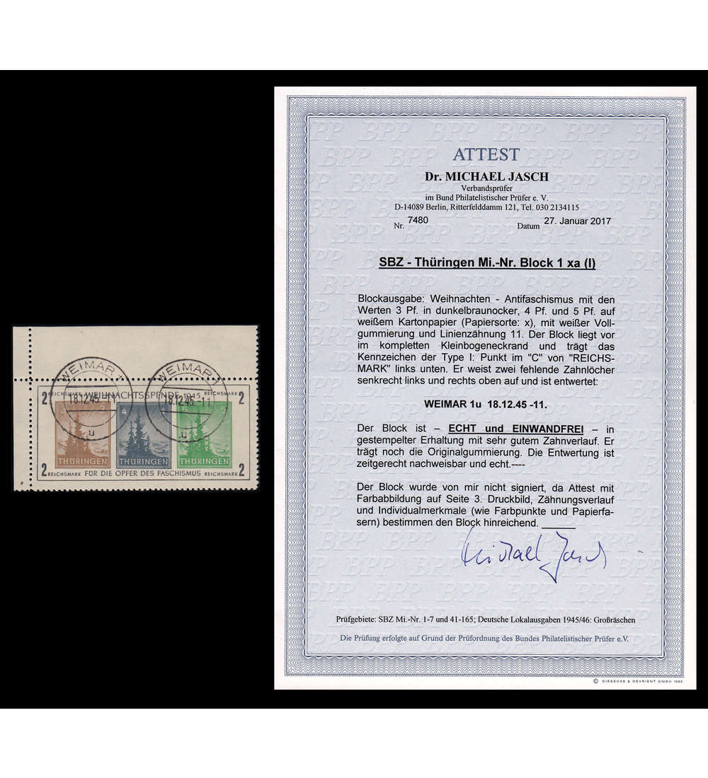 SBZ Block 1 gestempelt Ersttag mit Fotoattest Dr. Jasch