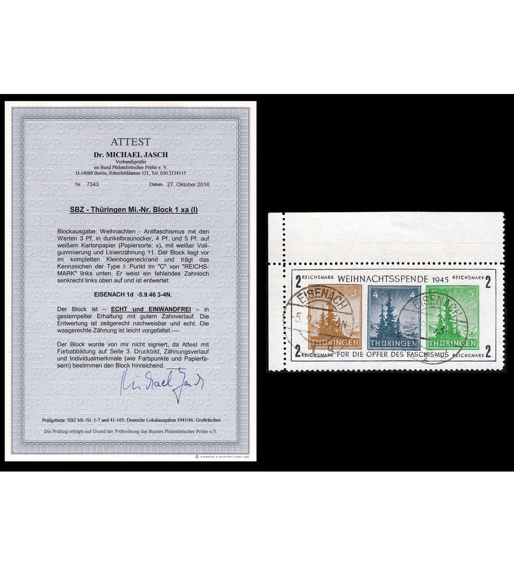 SBZ Block 1 x gestempelt mit Fotoattest Strh/Jasch als Eckrandstck