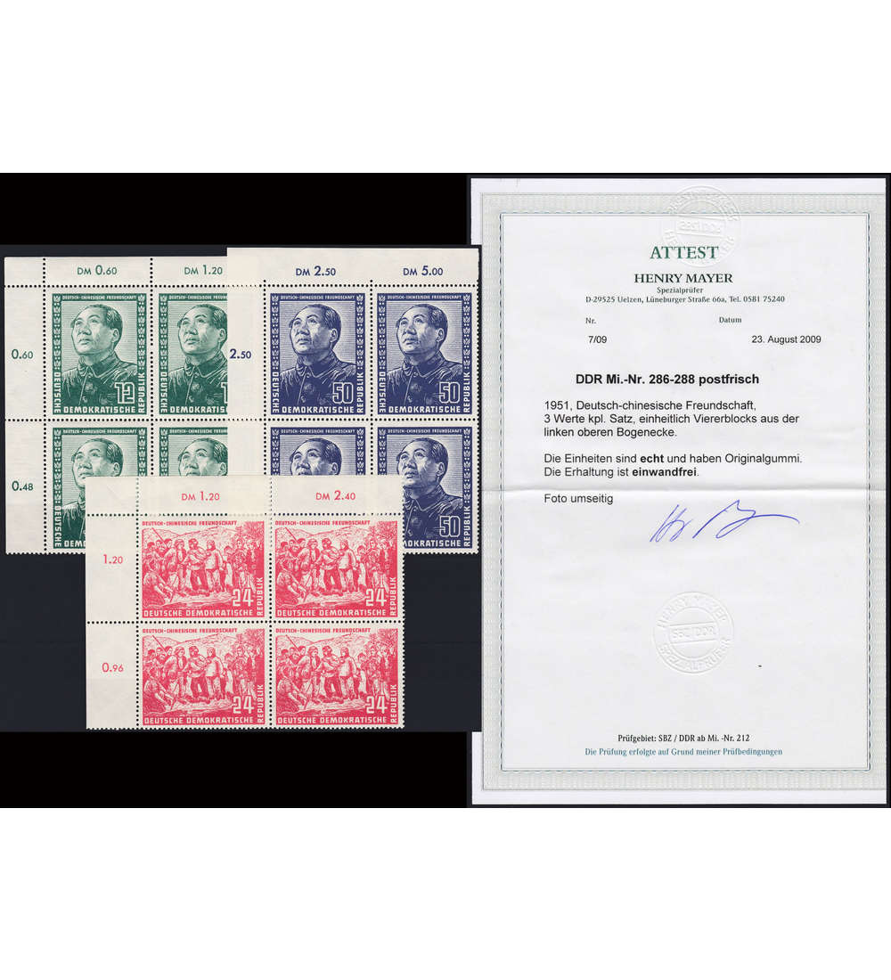 DDR Nr. 286-288 postfrisch ** Eckrand-4er-Block oben links mit Fotoattest Mayer/Weigelt