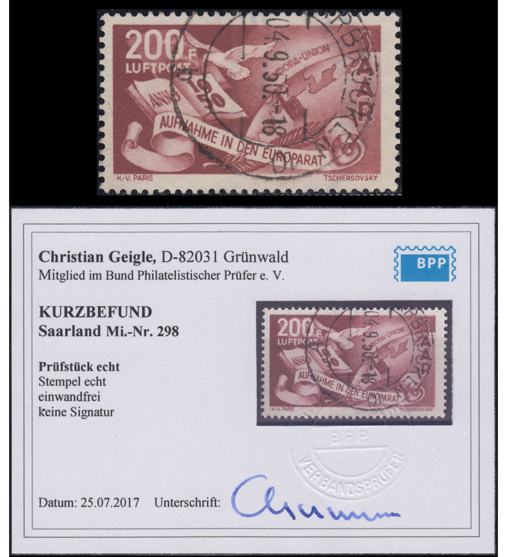 Saar Nr. 298 gestempelt mit Kurzbefund Geigle echt und einwandfrei
