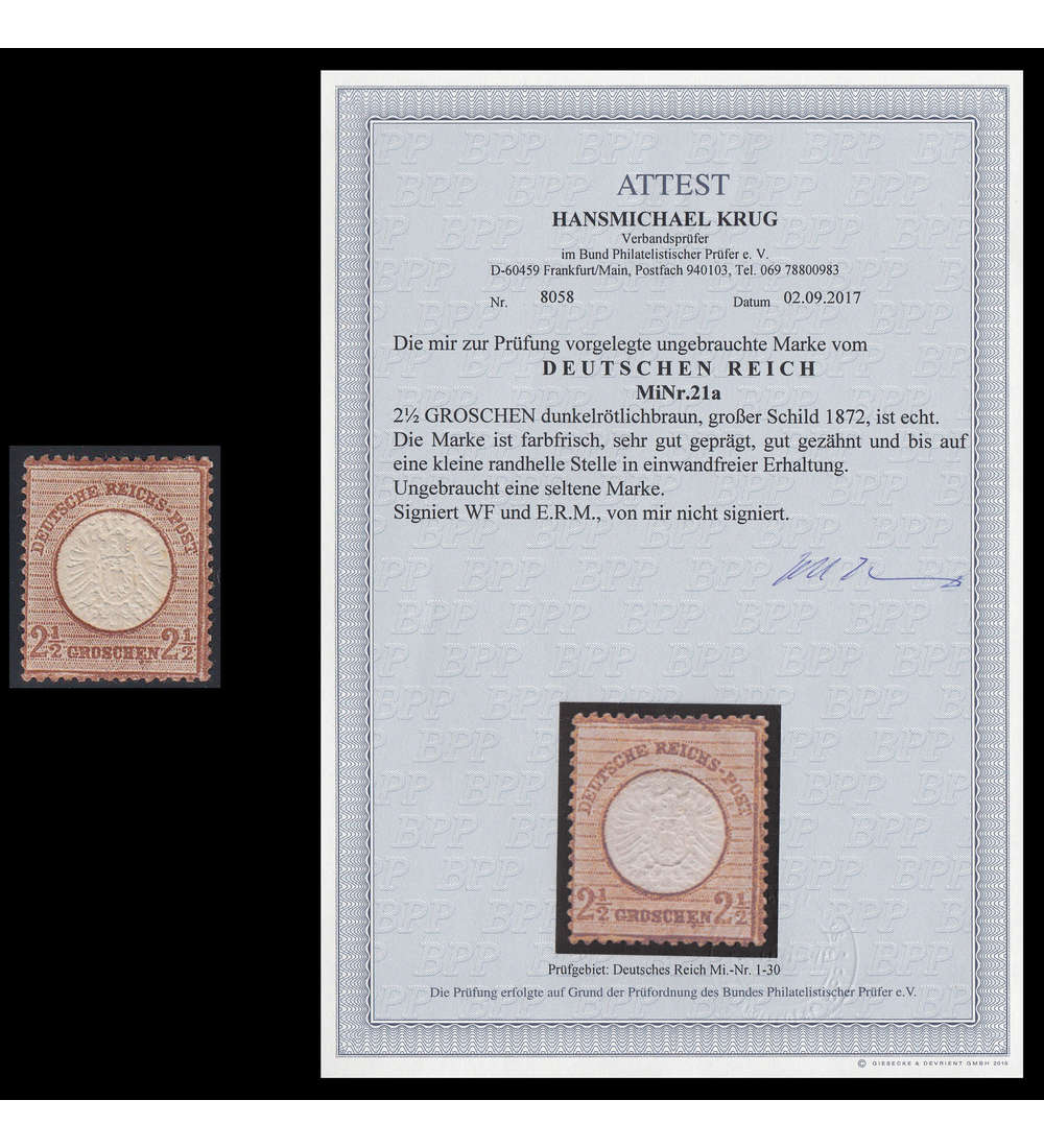 Deutsches Reich Nr. 21 ungestempelt mit Fotoattest Krug
