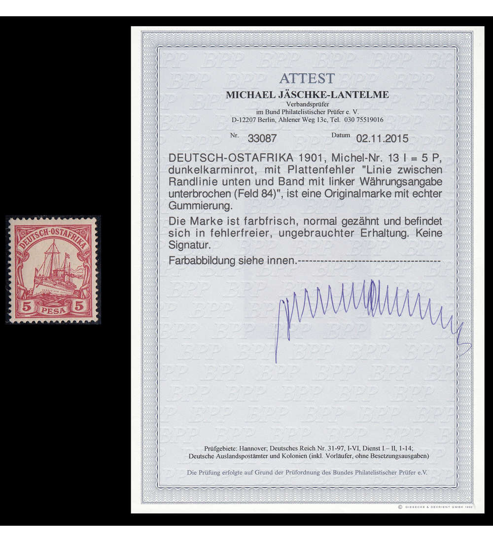 Deutsche Kolonien Ostafrika Nr. 13 I ungestempelt Plattenfehler mit Fotoattest Jschke-Lantelme