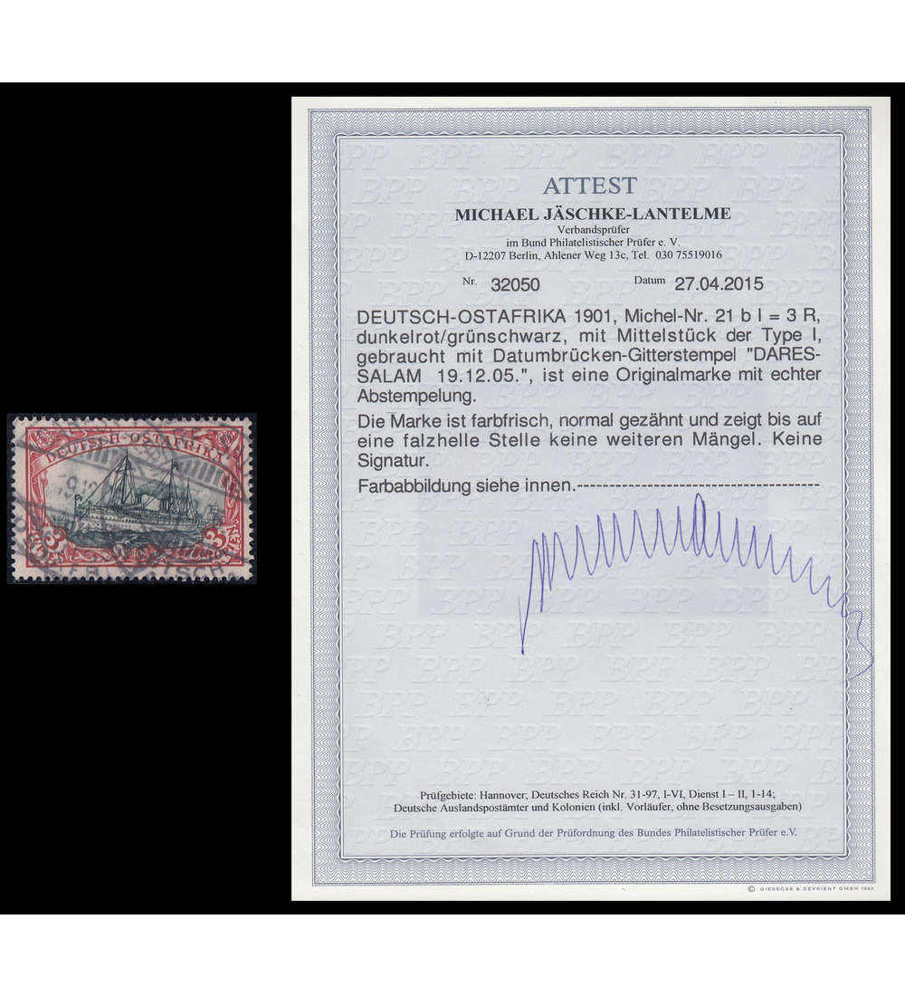 Deutsche Kolonien Ostafrika Nr.21bI gestempelt mit Fotoattest Jschke-Lantelme