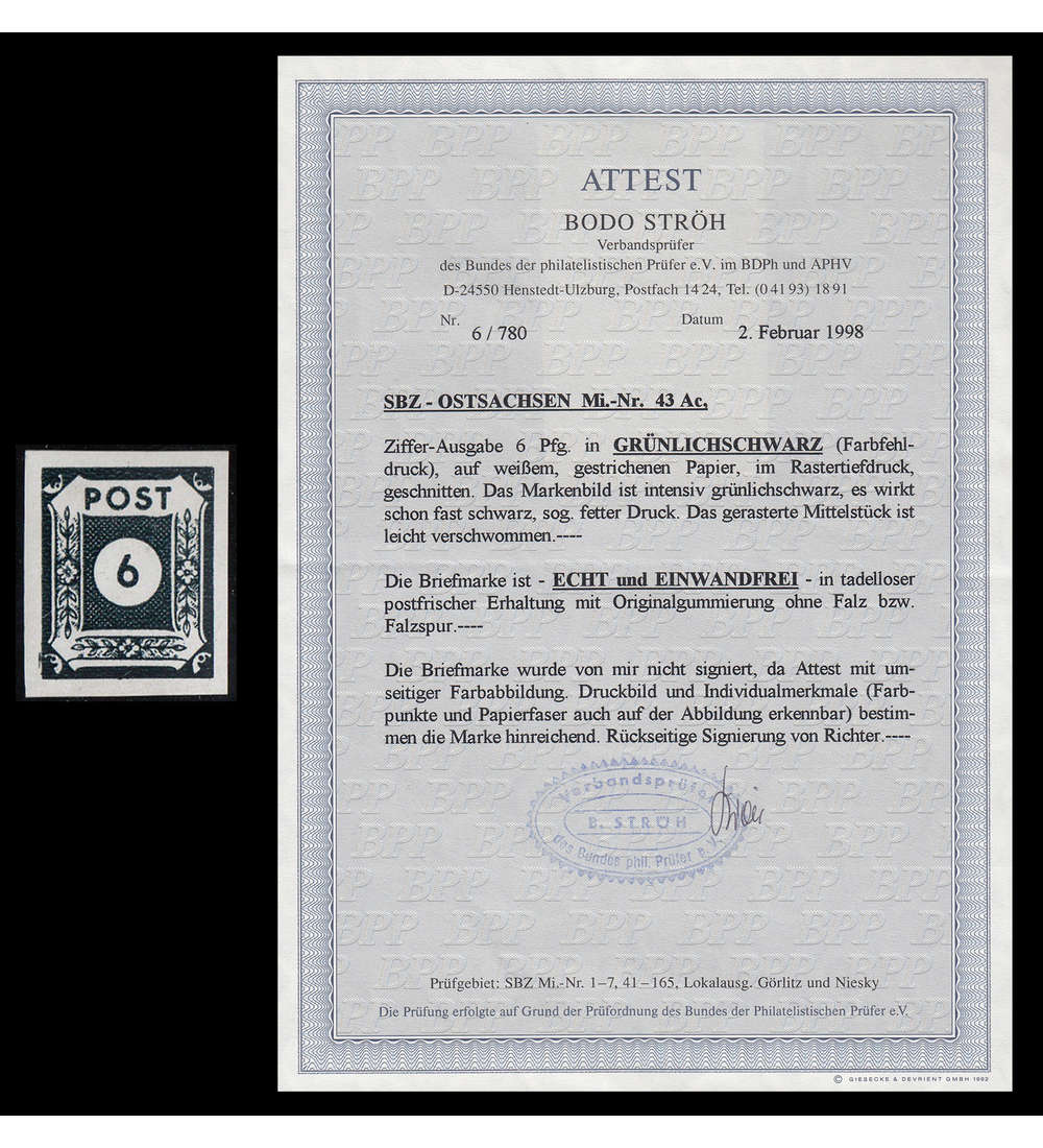 SBZ Nr. 43Ac postfrisch ** mit Fotoattest Strh