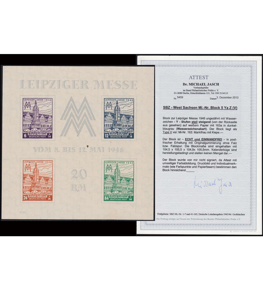 SBZ Block 5 YZ a postfrisch mit Fotoattest Dr. Jasch echt und einwandfrei