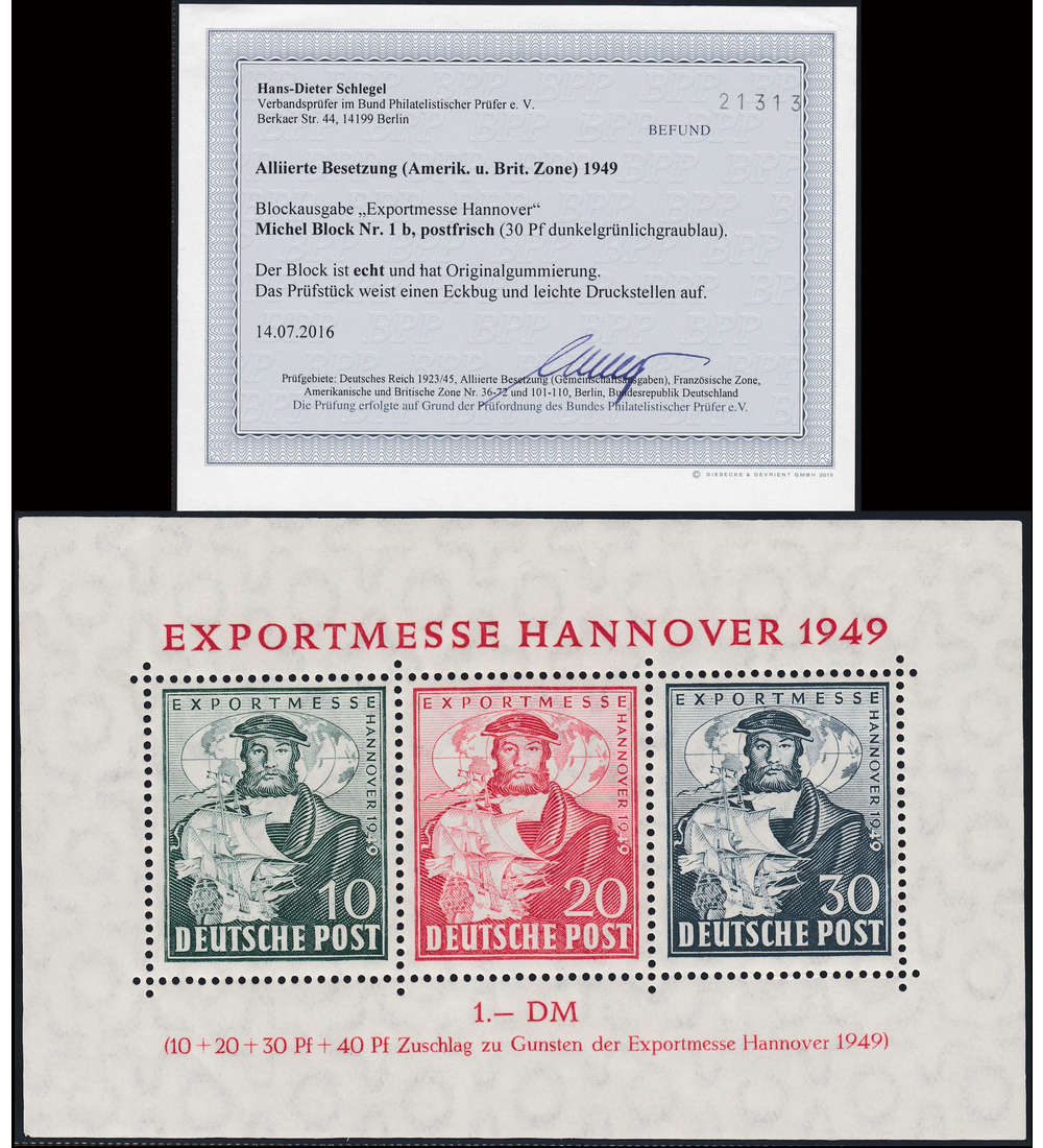 Alliierte Besetzung Block 1b postfrisch Exportmesse mit Fotobefund Schlegel