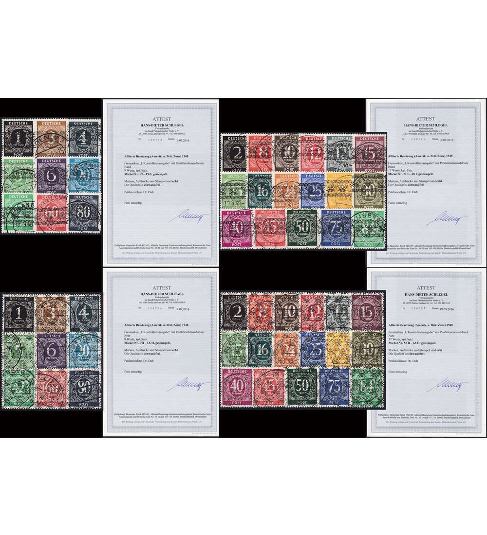Alliierte Besetzung Ziffer-Aufdruck Nr. 52-68 I+II / I-IX I+II gestempelt mit Fotoattest