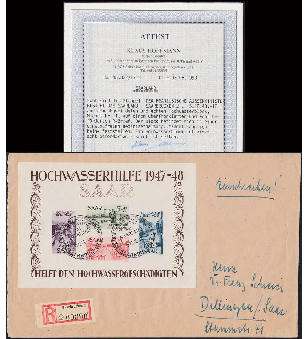Saar Block 1 auf Einschreibebrief mit Fotoattest Hoffmann einwandfreie Bedarfserhaltung