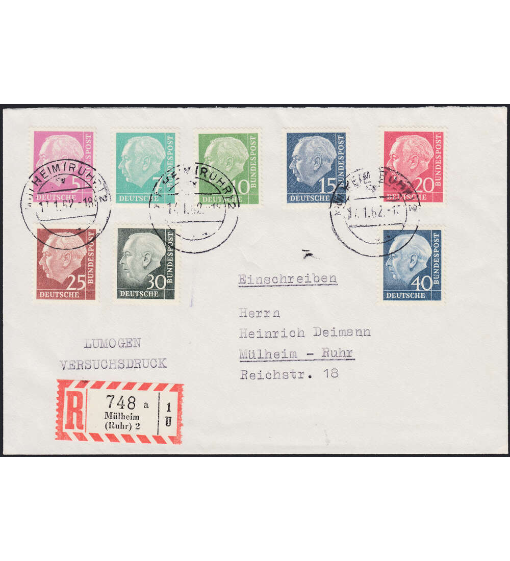 BRD Bund Heuss Lumogen auf Einschreibebrief