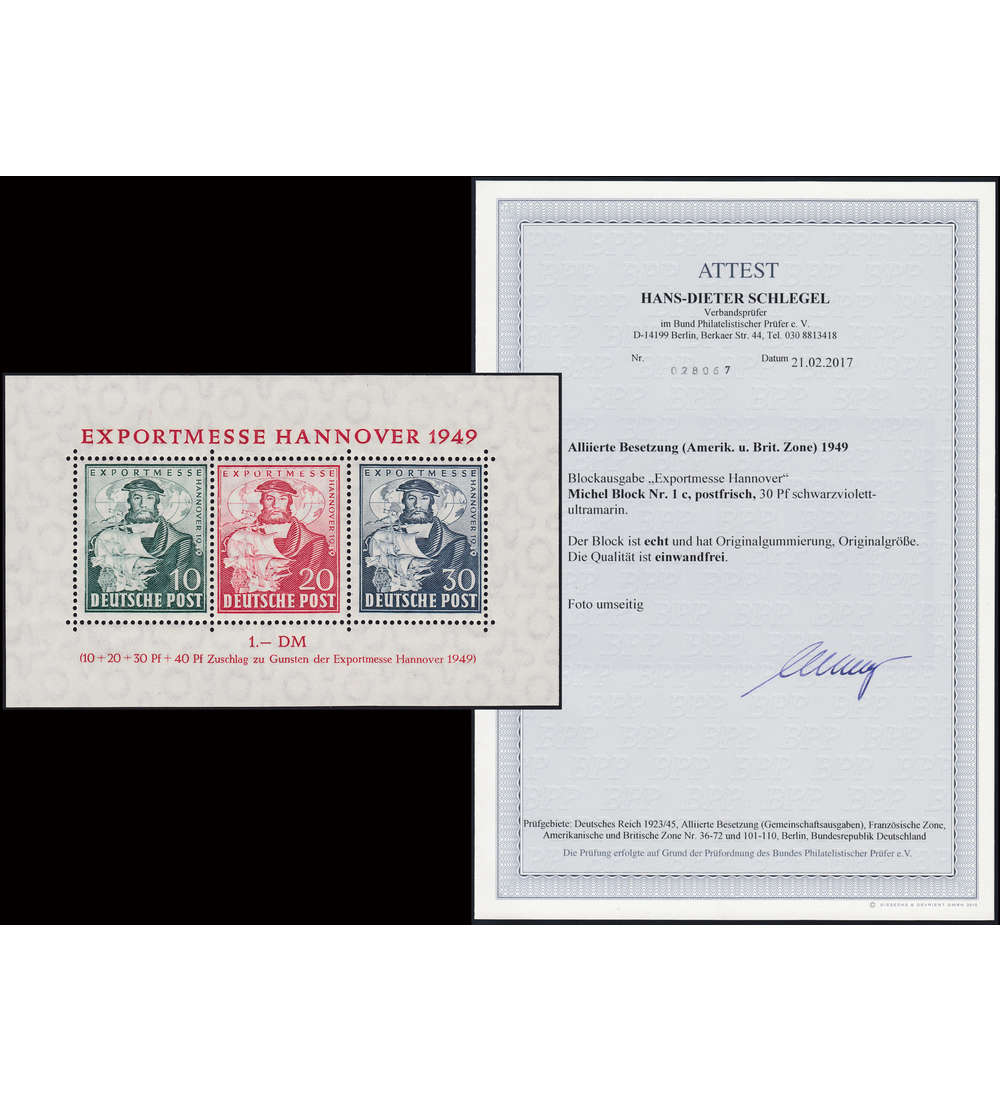 Alliierte Besetzung Block 1c postfrisch ** Exportmesse mit Fotoattest Schlegel