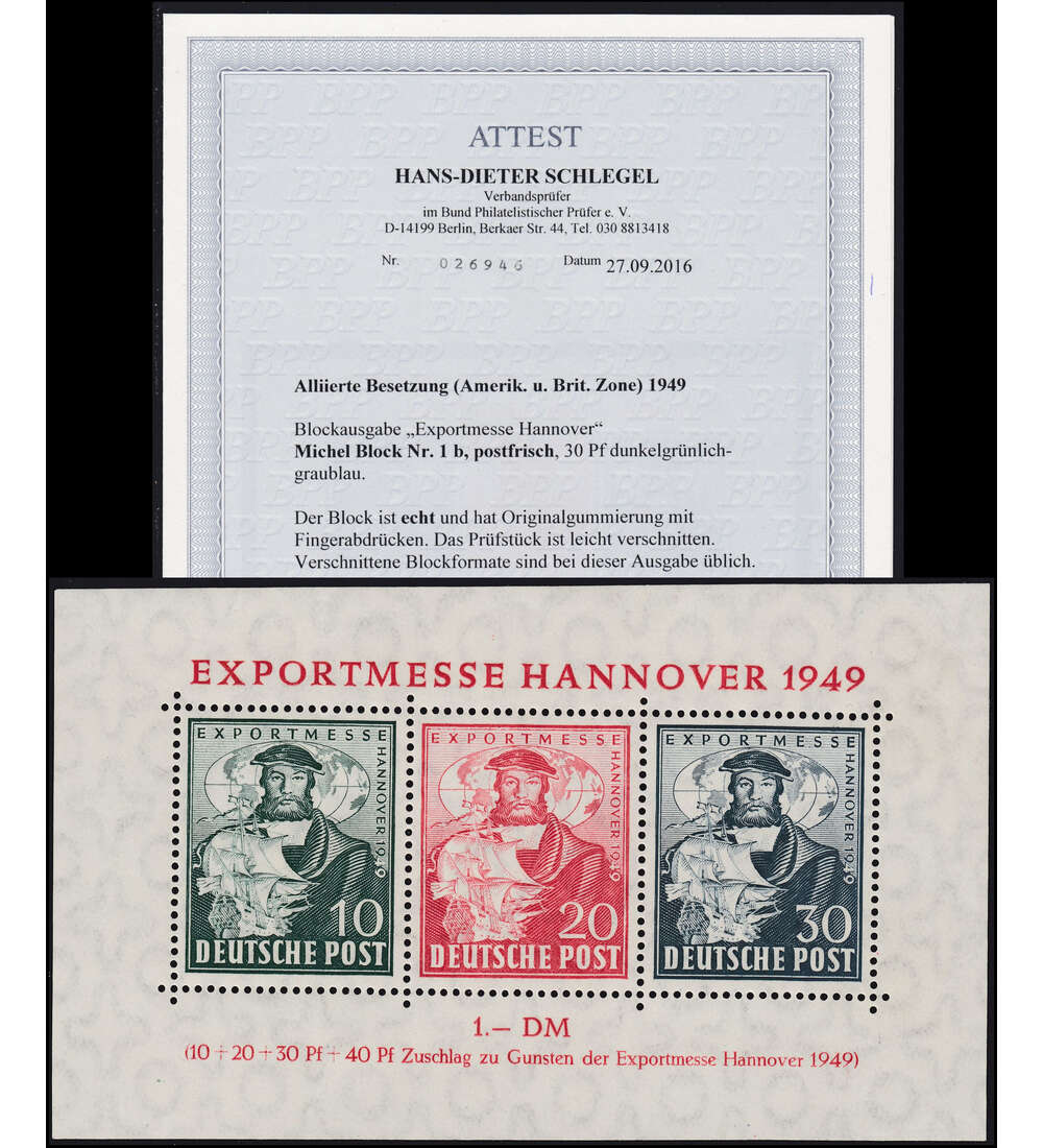 Alliierte Besetzung Block 1b postfrisch Exportmesse mit Fotoattest Schlegel