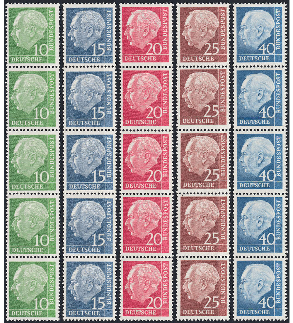 BRD Bund  5er-Rollenstreifen postfrisch ** 10,15,20,25,40 Pfg. Heuss lumo