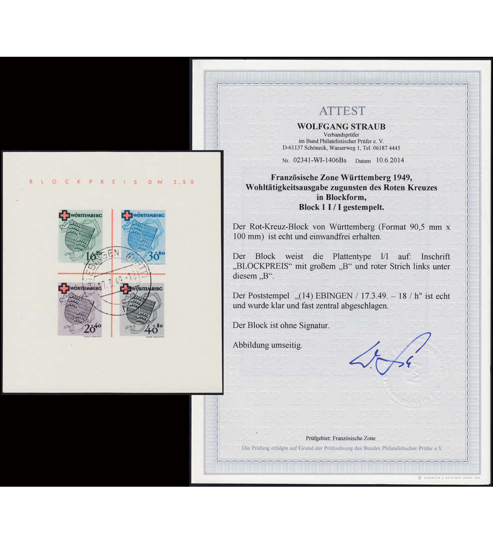 Franzsische Zone Wrttemberg Block 1gestempelt geprft mit Fotoattest Straub
