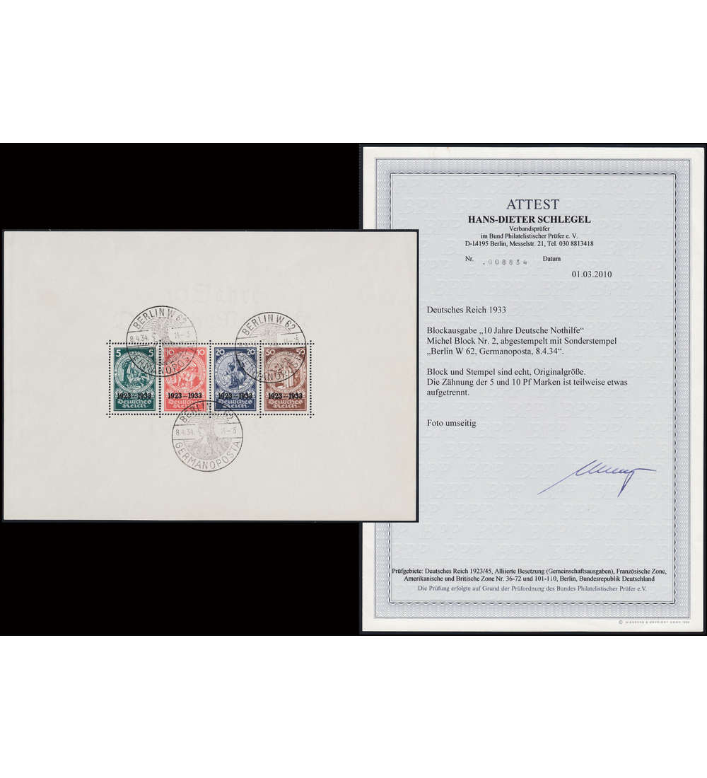Deutsches Reich Block 2 gestempelt zwischen 5+10 Pfg. leicht getrennt Fotoattest Schlegel