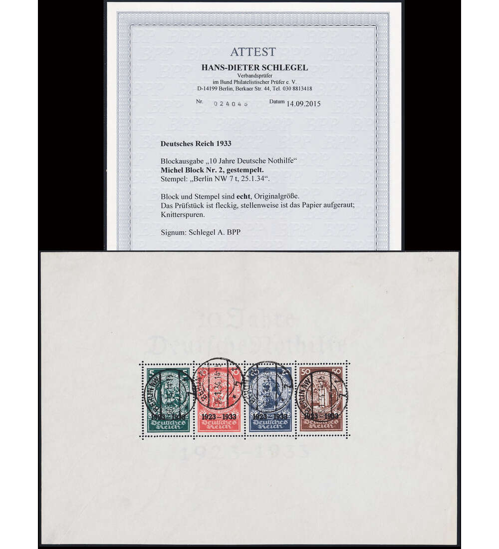 Deutsches Reich Block 2 gestempelt mit Fotoattest Schlegel