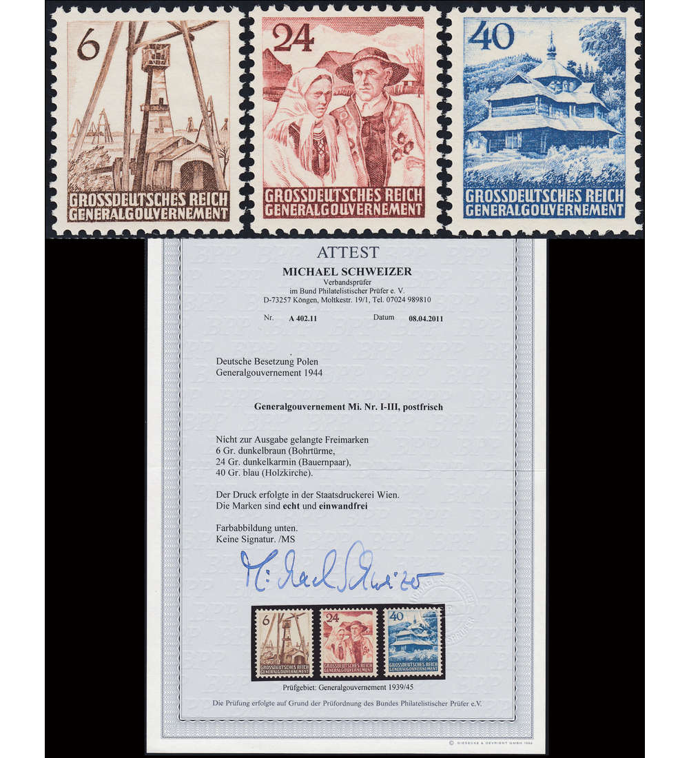 Generalgouvernement Nr. I-III postfrisch mit Fotoattest Pfeiffer