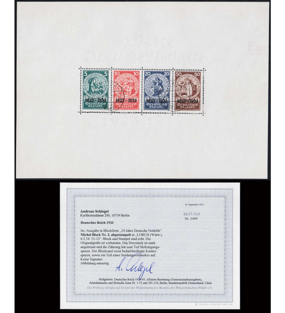 Deutsches Reich Block 2 gestempelt mit Fotobefund Schlegel in Bedarfsqualitt