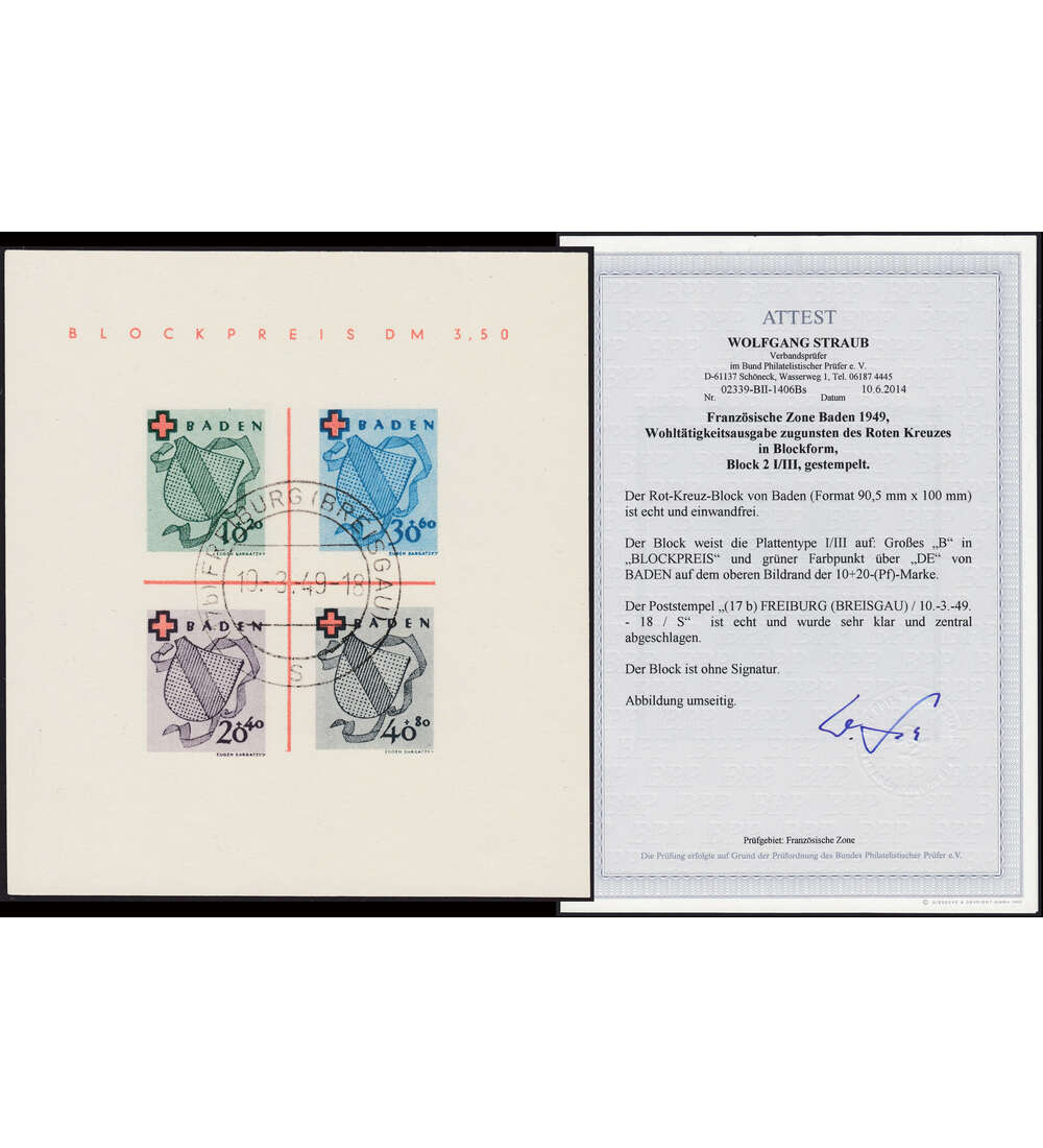 Franzsische Zone Baden Block 2 gestempelt mit Farbfotoattest Straub