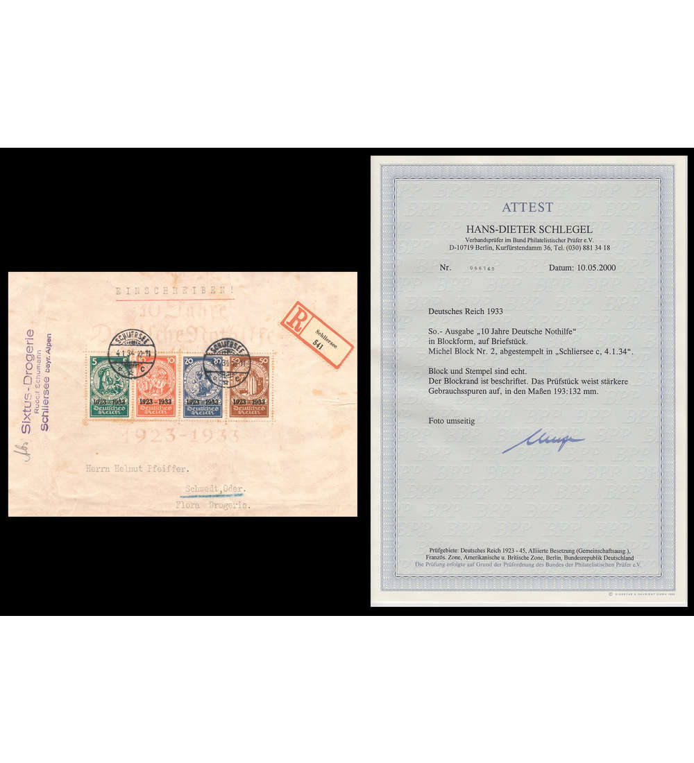 Deutsches Reich Block 2 auf Briefstck mit Farbfotoattest Schlegel