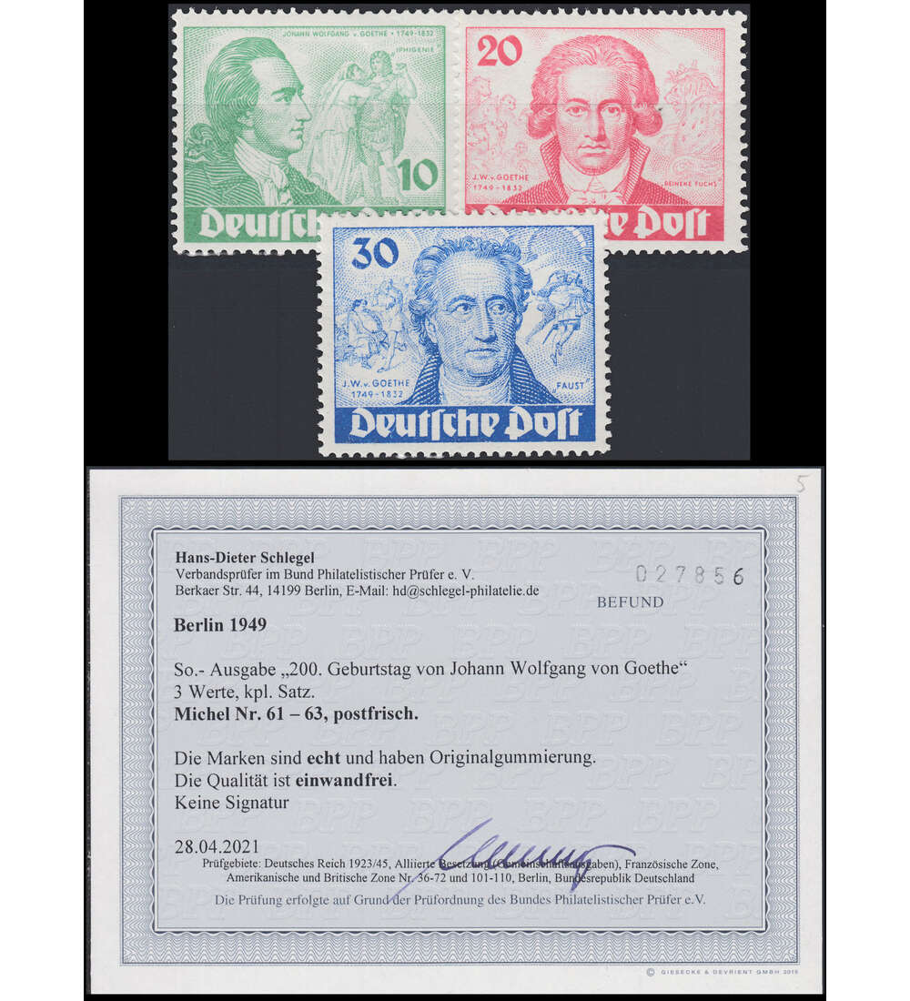   Berlin Nr. 61-63  Fotoattest ** Goethe
