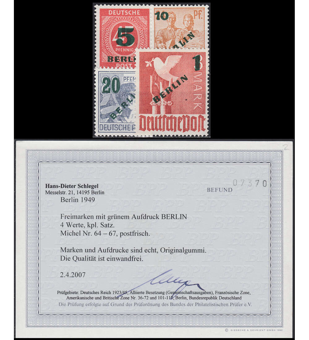 Berlin Nr. 64-67 Fotoattest postfrisch ** Grnaufdruck