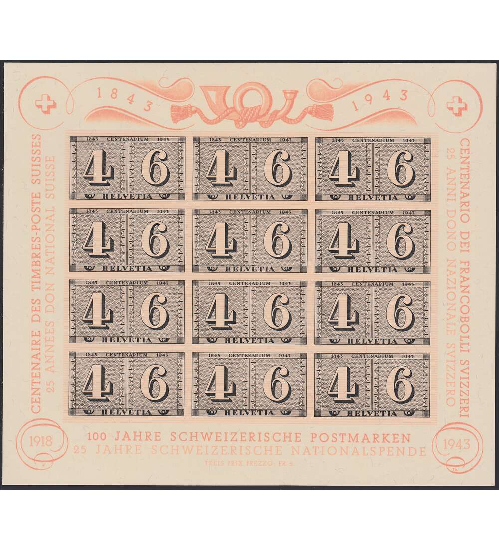 Schweiz Block 9  postfrisch ** 100 Jahre Briefmarken 1943