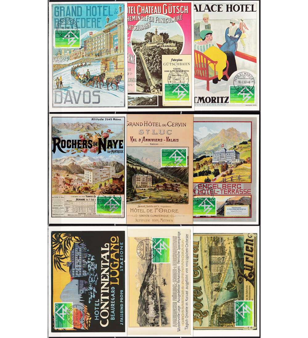 Schweiz Maximumkarten 9 verschiedene Hotels