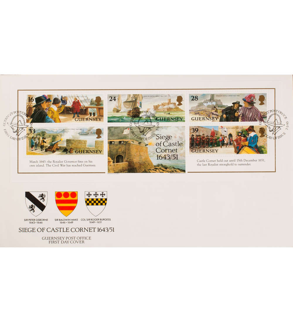 Guernsey Block 10 FDC Ersttagsbrief Belagerung von Schloss Cornet