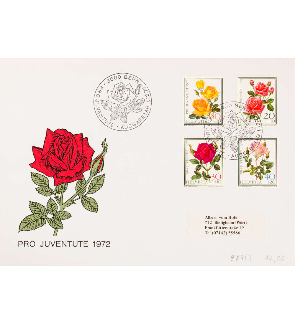 Schweiz Nr. 984-987 FDC Ersttagsbrief Pro Juventute 1972 Rosen