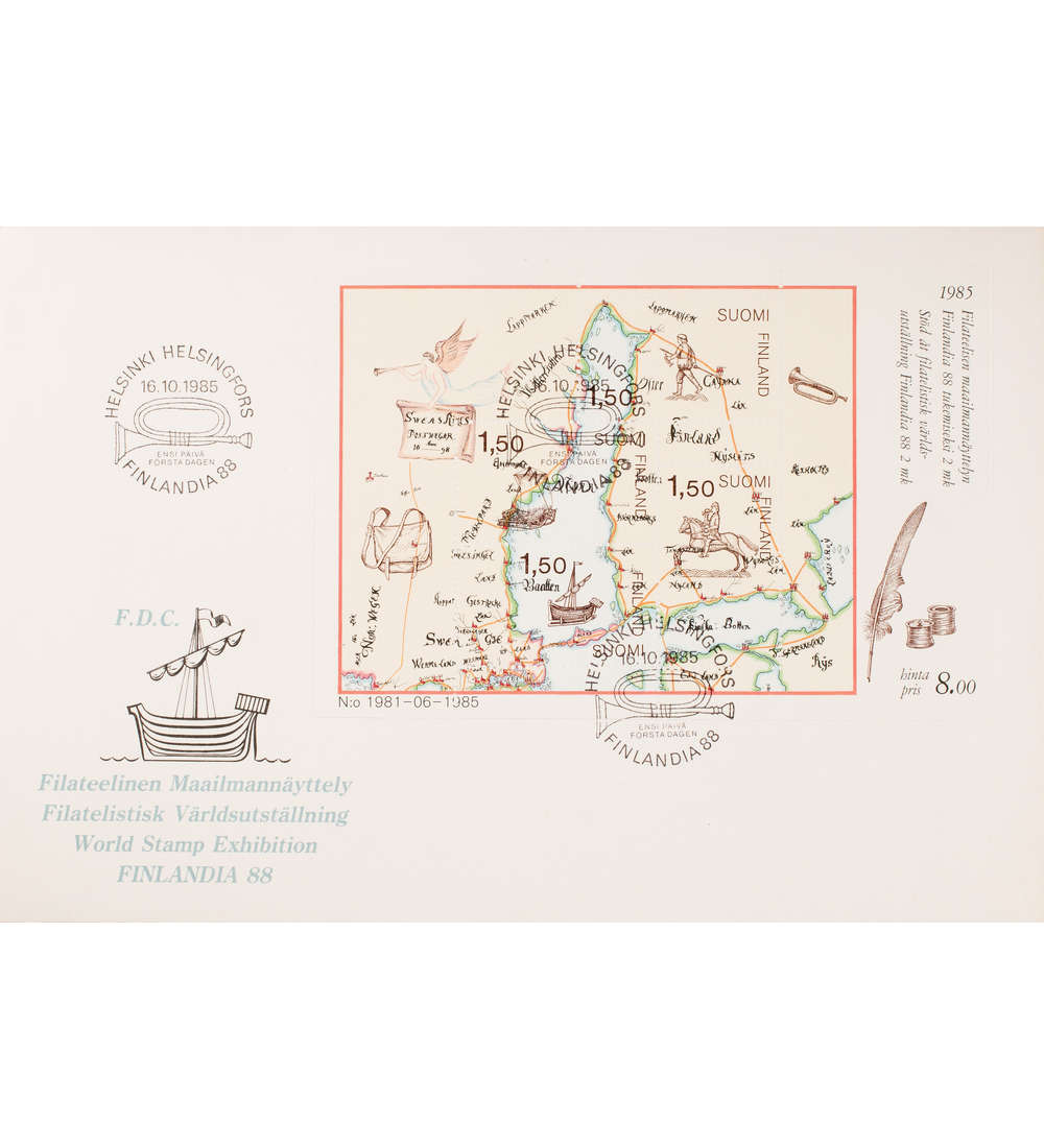 Finnland Block 1 FDC Ersttagsbrief Briefmarkenausstellung Landkarte