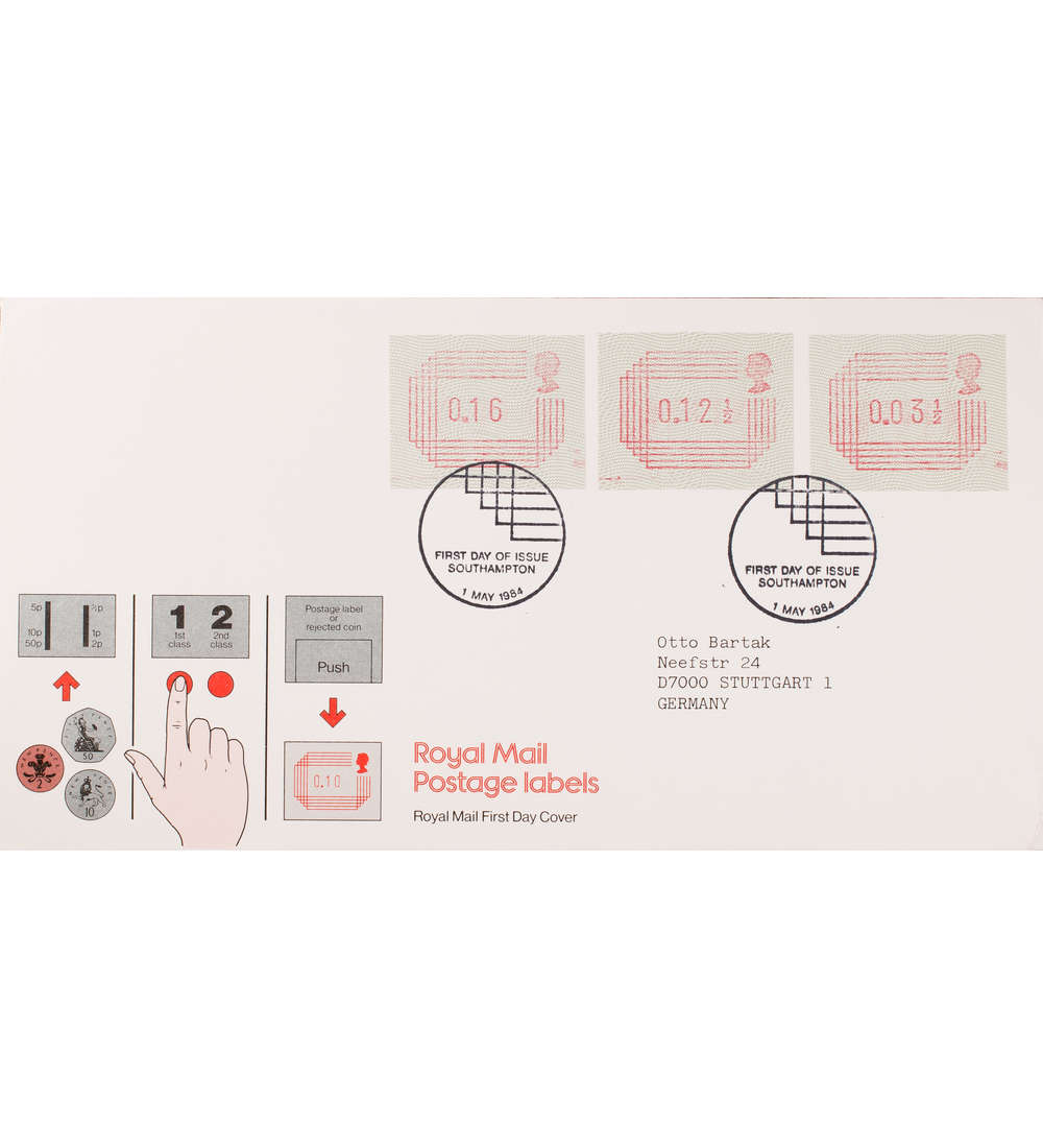 Grobritannien ATM Nr. 1 FDC Ersttagsbrief 3,5/12,5/16 P.