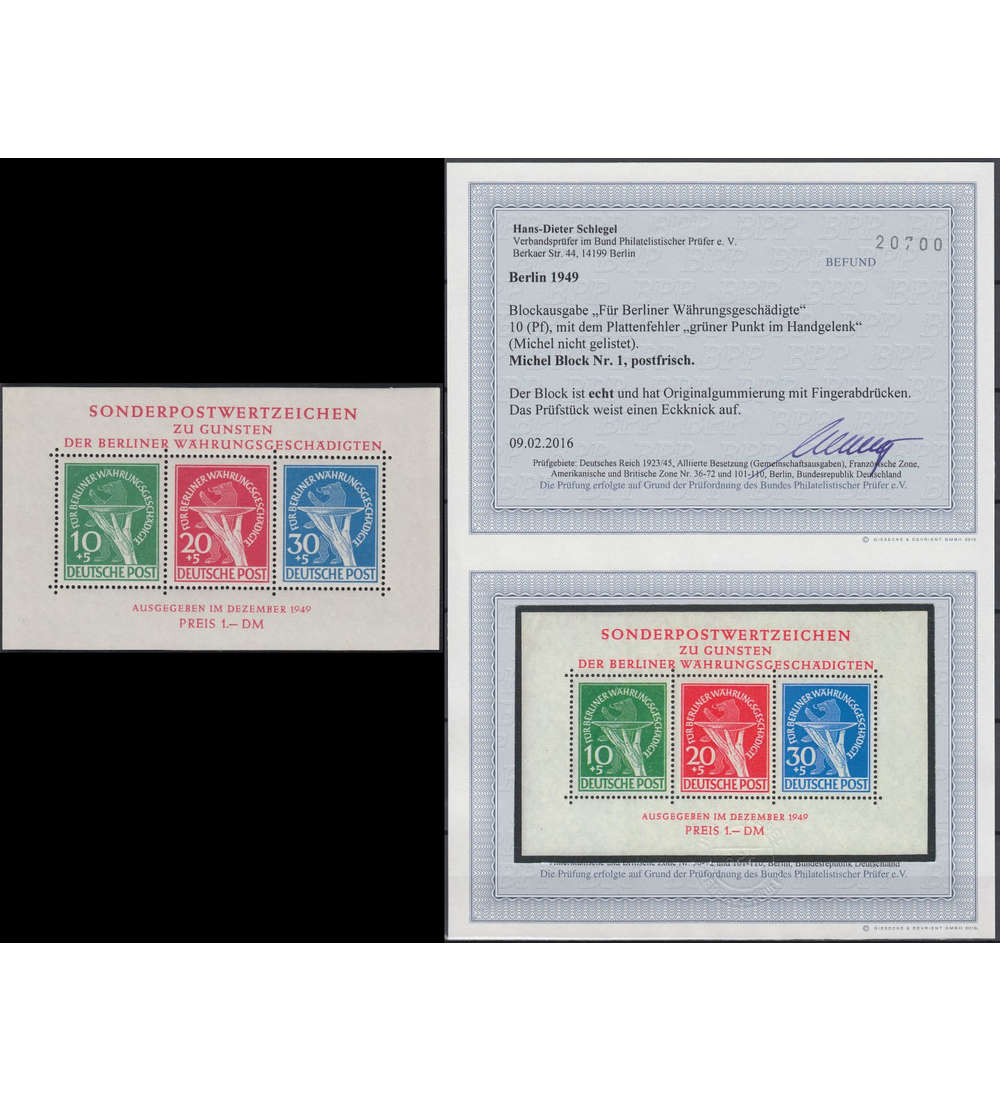 Berlin Block 1 III postfrisch ** mit Fotobefund Schlegel Fingerabdr�cke und Eckknick