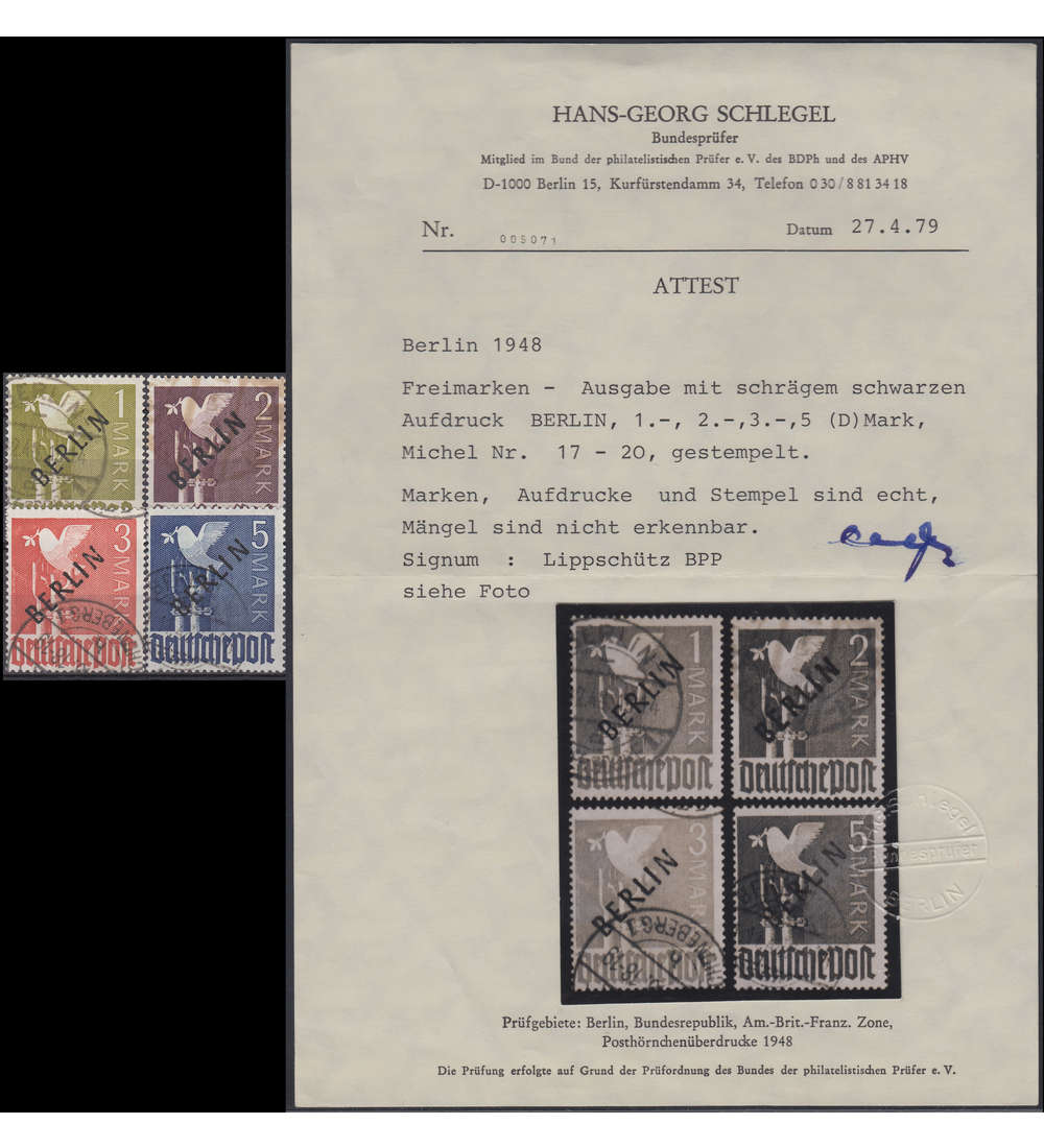 Berlin Nr. 17-20 gestempelt geprft und signiert und Attest Schlegel