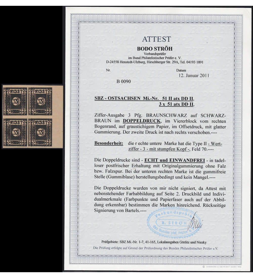 SBZ Nr. 51atx DD II postfrisch ** 4er-Block mit Fotoattest Strh