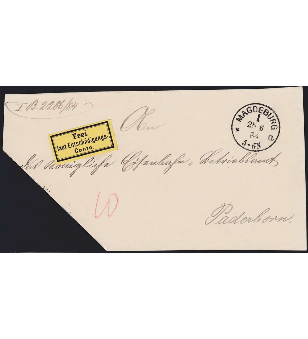 Deutsches Reich Gebhrenzettel Nr. I auf Dienstbriefvorderseite mit typischem ffnungschnitt