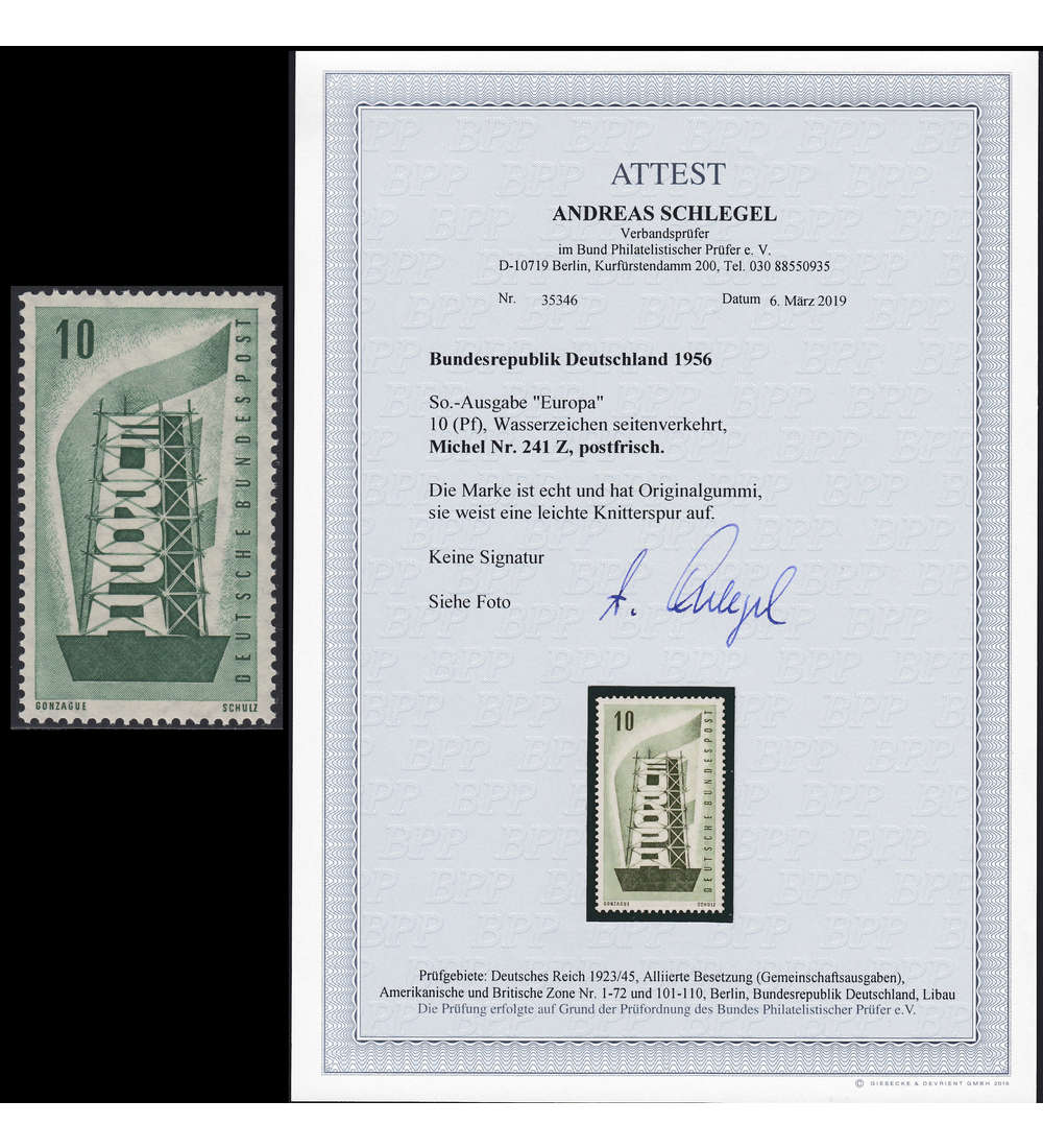 BRD Bund Nr. 241 Z postfrisch ** mit Fotoattest Schlegel