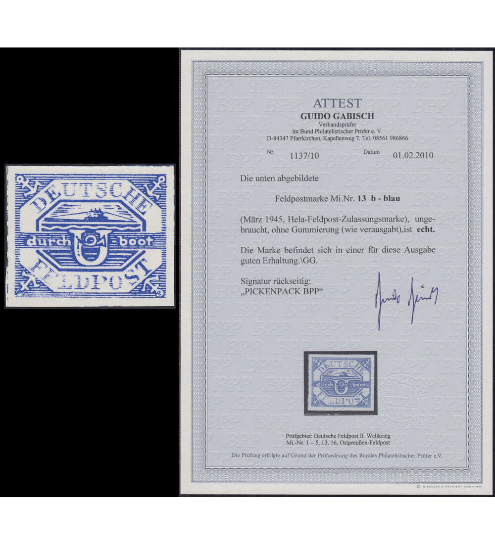 Deutsches Reich Feldpost Nr. 13 ungestempelt U-Boot-Marke mit Fotoattset Gabisch