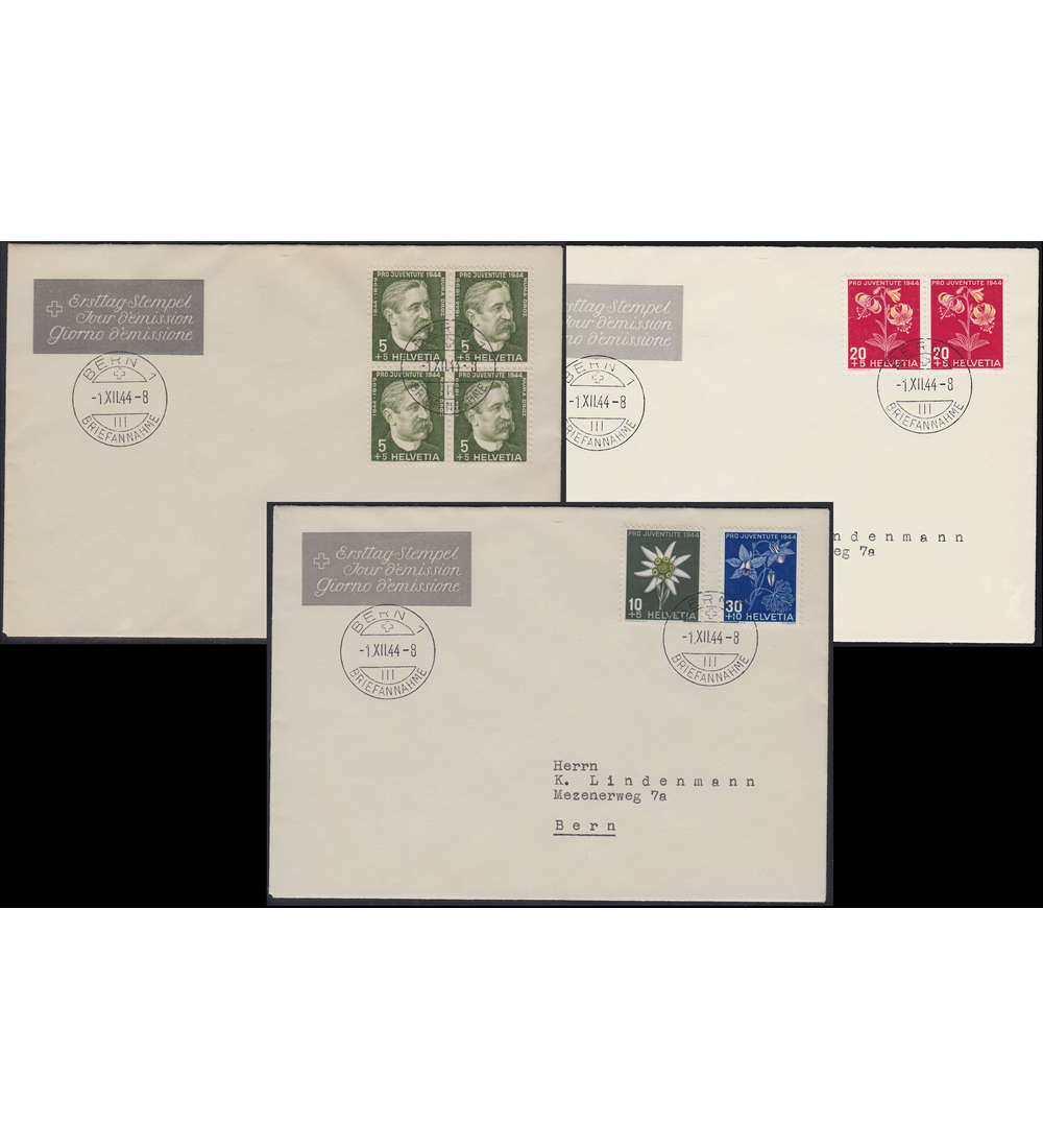 Schweiz Nr. 439-442 3 FDC Ersttagsbrief Pro Juventute 1944