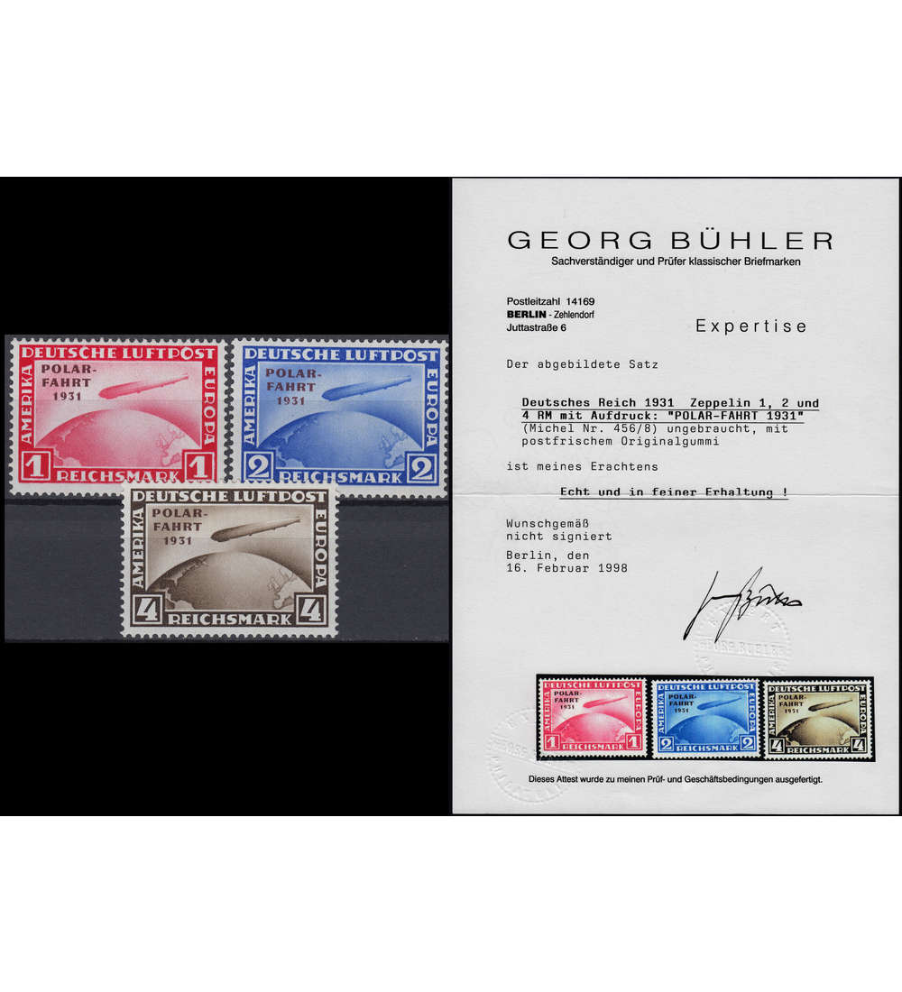 Deutsches Reich Nr. 456-458 ungebraucht mit Attest Bhler