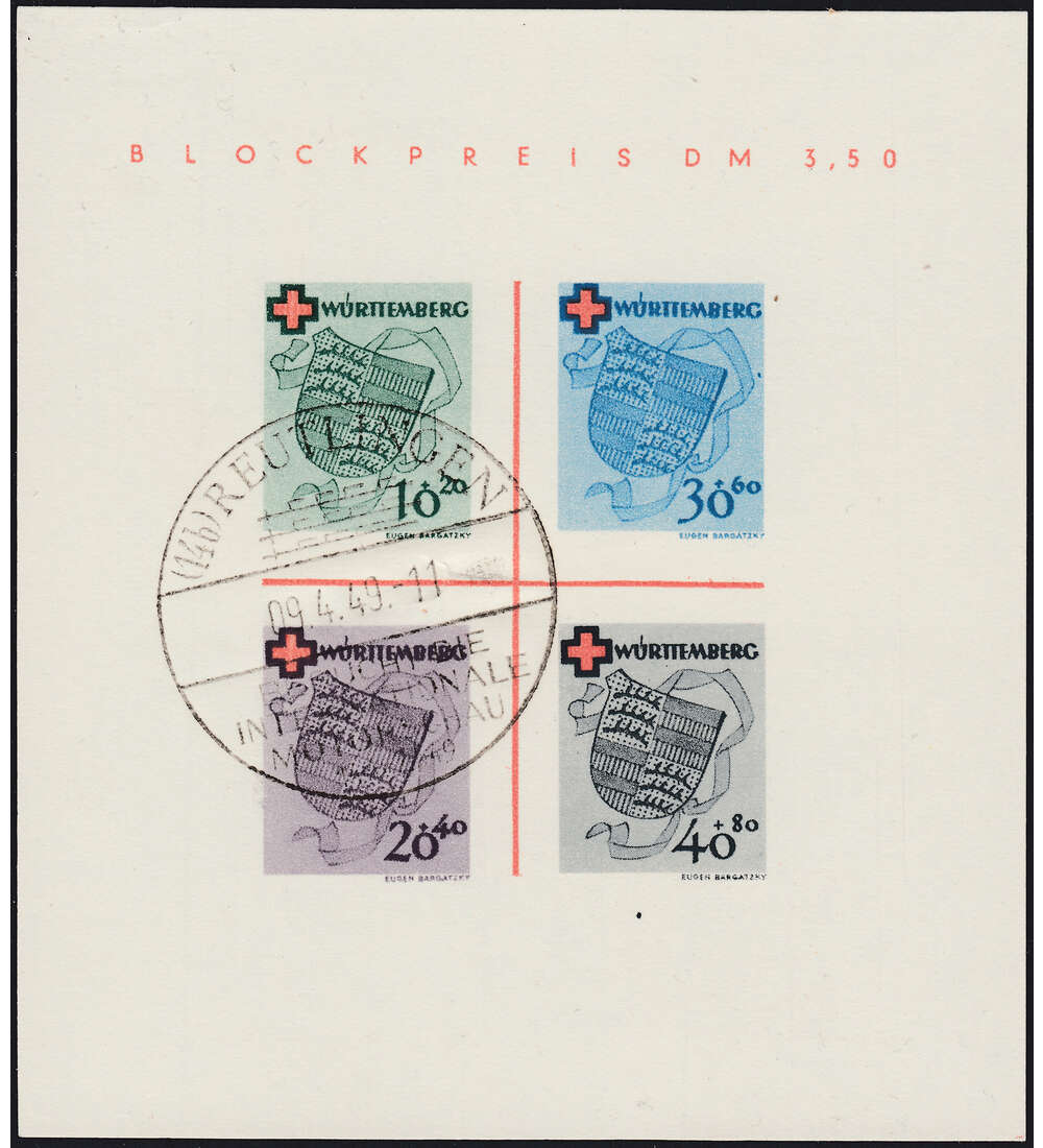 Frz. Zone Wrttemberg Block 1 gestempelt, geprft + signiert Schlegel