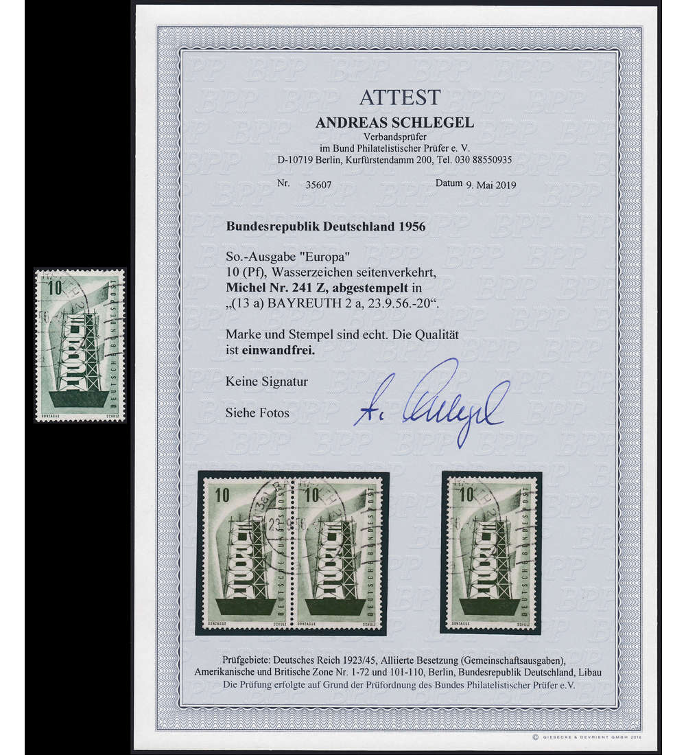 BRD Bund Nr. 241 Z gestempelt mit Fotoattest Schlegel