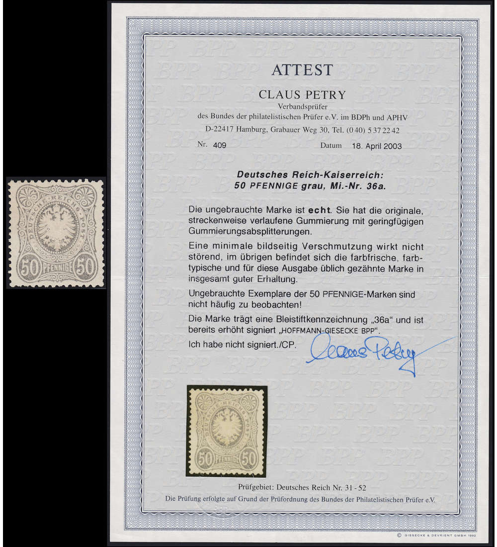 Deutsches Reich Nr. 36 mit Fotoattest Petry mit Originalgummierung