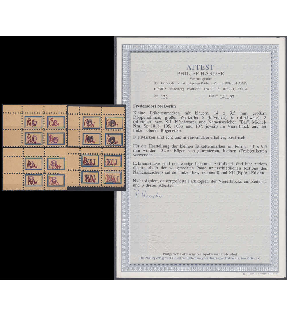 Dt. Lokalausgabe Fredersdorf Nr. Sp 101-104 postfrisch 4er-Eckrandblock mit Attest Harder